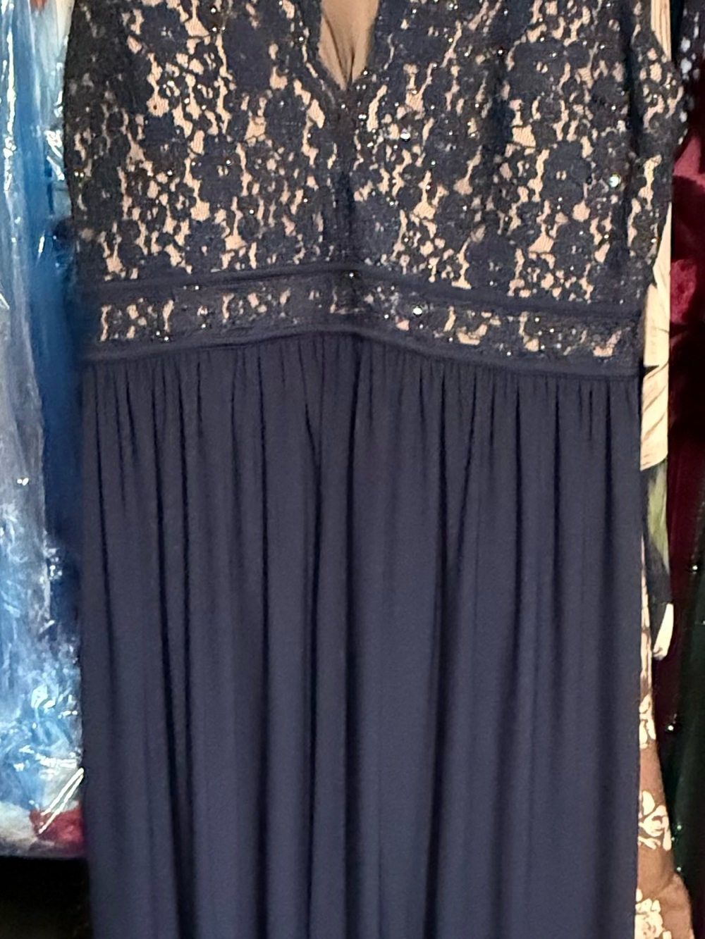 Elegant Navy Lace Bodice Maxi Dress
